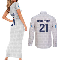 Guatemala Football Custom Couples Matching Short Sleeve Bodycon Dress and Long Sleeve Button Shirt Go Los Chapines White Pattern