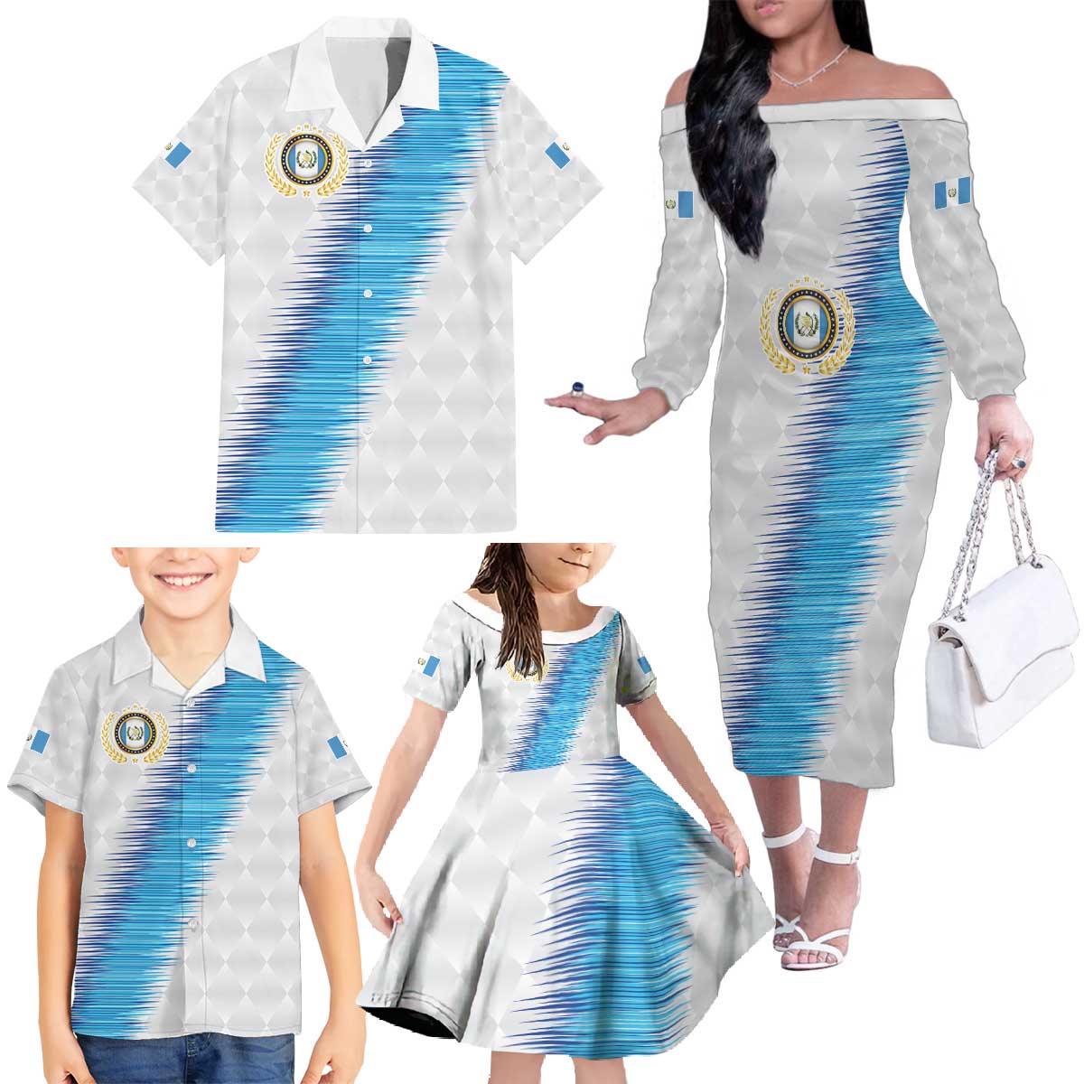 Guatemala Football Custom Family Matching Off The Shoulder Long Sleeve Dress and Hawaiian Shirt Go Los Chapines White Pattern