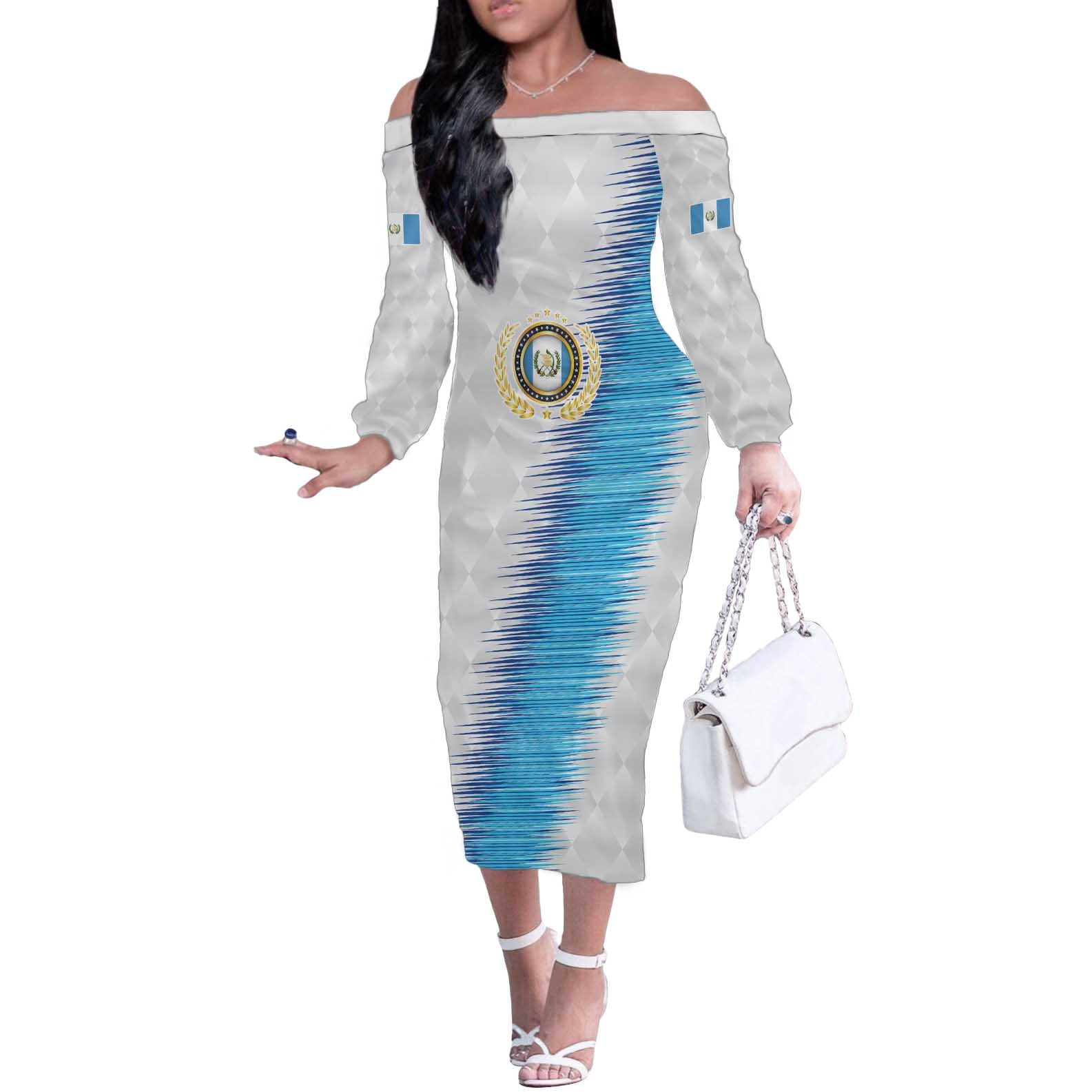 Guatemala Football Custom Off The Shoulder Long Sleeve Dress Go Los Chapines White Pattern