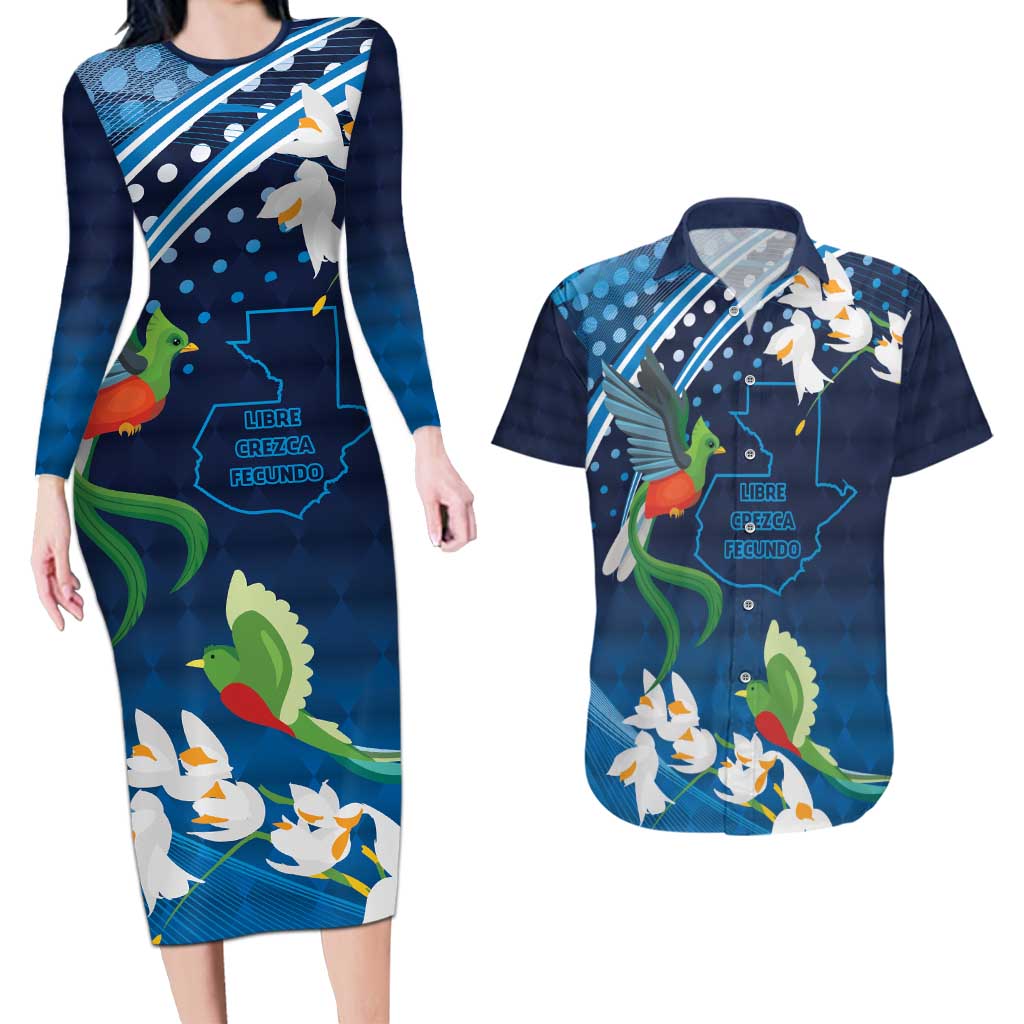 Guatemala Quetzal Bird Couples Matching Long Sleeve Bodycon Dress and Hawaiian Shirt Libre Crezca Fecundo
