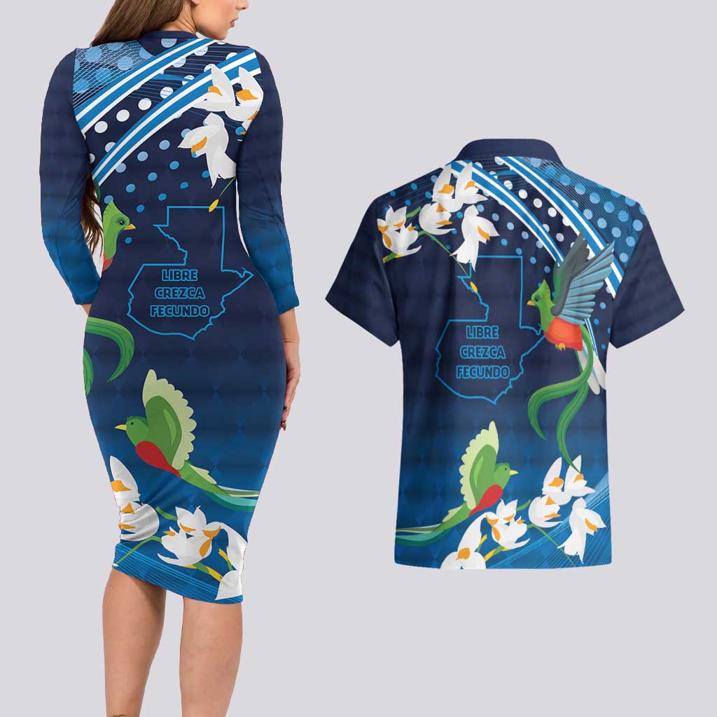 Guatemala Quetzal Bird Couples Matching Long Sleeve Bodycon Dress and Hawaiian Shirt Libre Crezca Fecundo