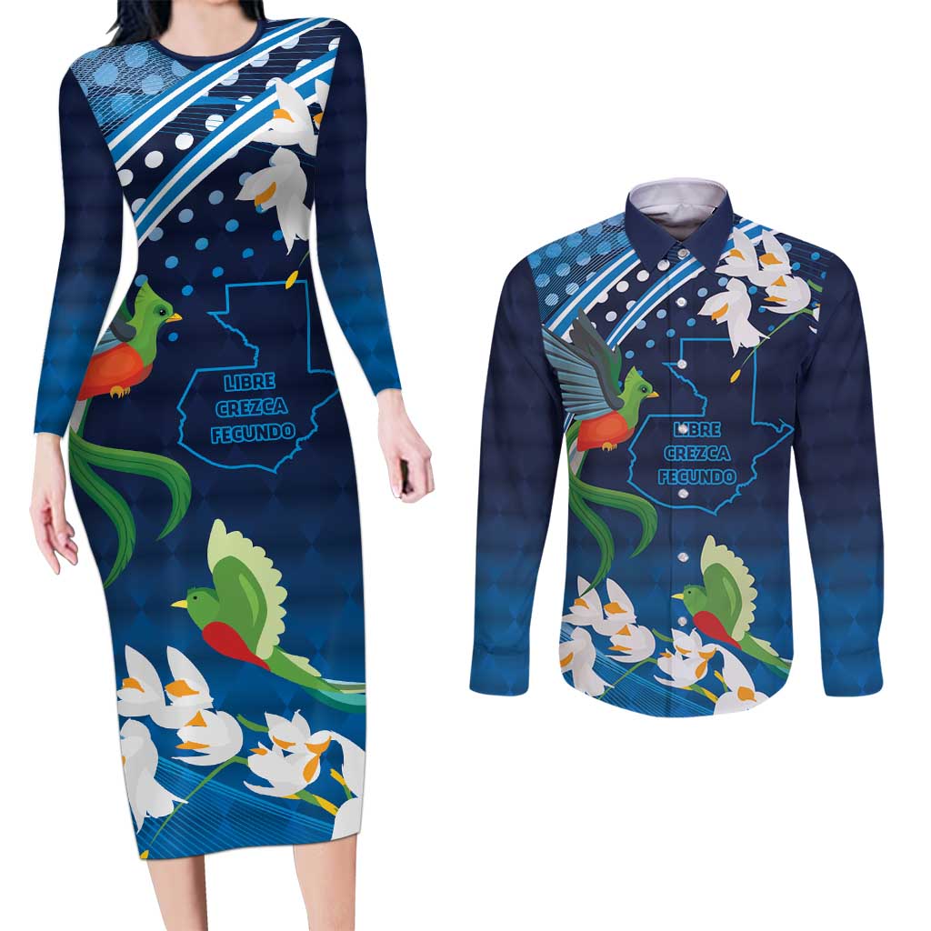 Guatemala Quetzal Bird Couples Matching Long Sleeve Bodycon Dress and Long Sleeve Button Shirt Libre Crezca Fecundo