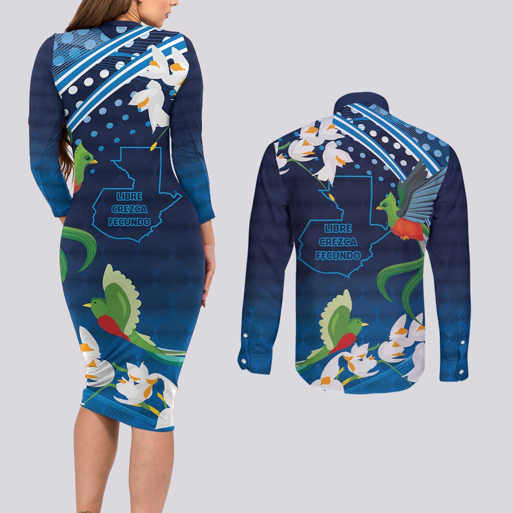 Guatemala Quetzal Bird Couples Matching Long Sleeve Bodycon Dress and Long Sleeve Button Shirt Libre Crezca Fecundo