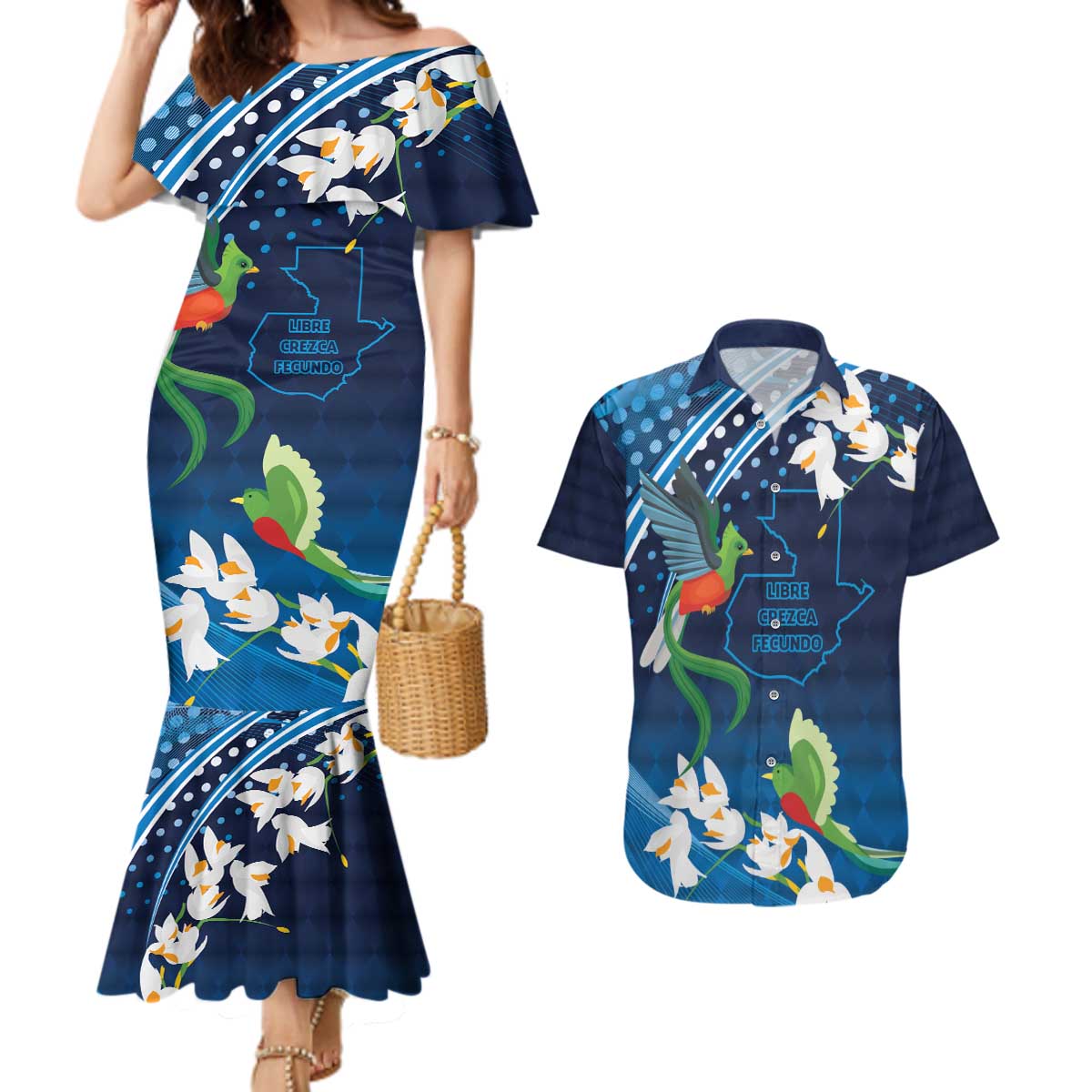 Guatemala Quetzal Bird Couples Matching Mermaid Dress and Hawaiian Shirt Libre Crezca Fecundo