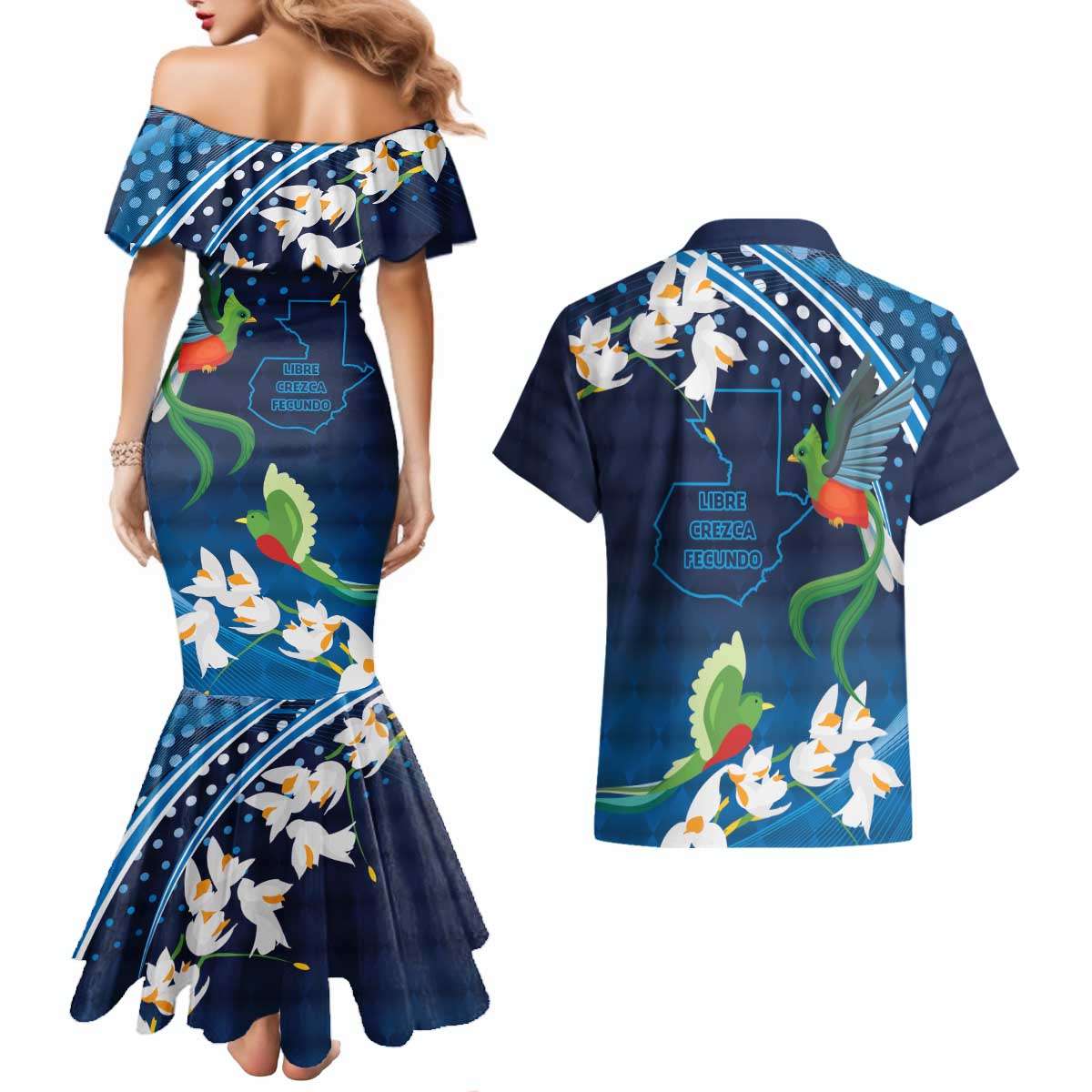 Guatemala Quetzal Bird Couples Matching Mermaid Dress and Hawaiian Shirt Libre Crezca Fecundo