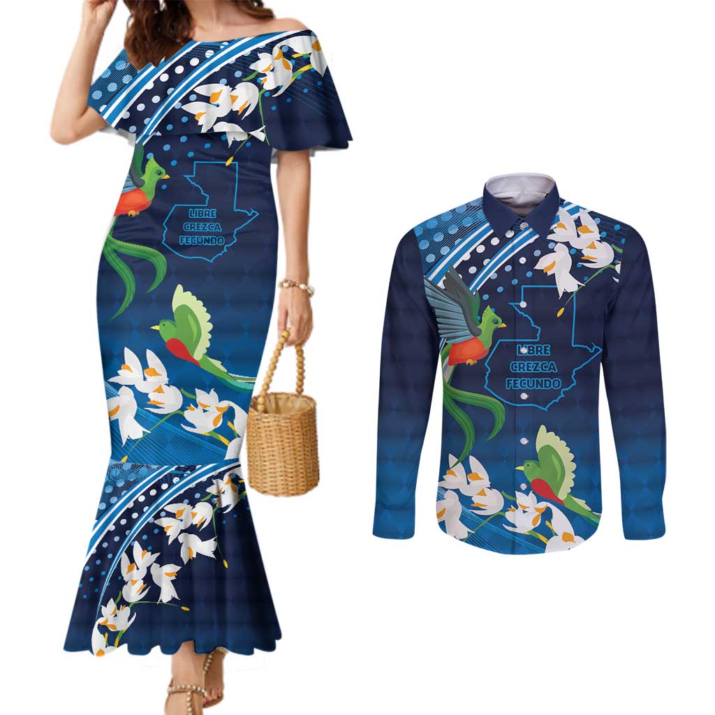 Guatemala Quetzal Bird Couples Matching Mermaid Dress and Long Sleeve Button Shirt Libre Crezca Fecundo