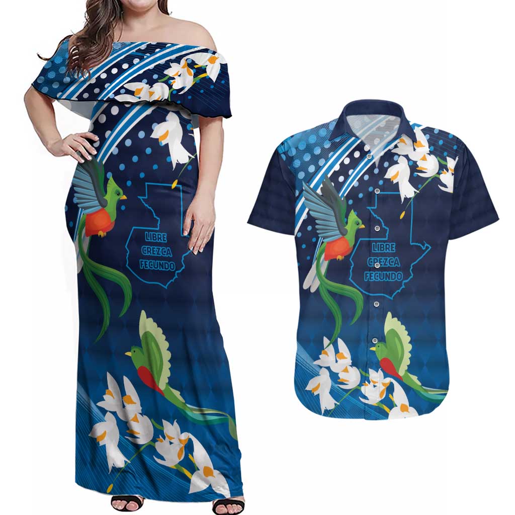 Guatemala Quetzal Bird Couples Matching Off Shoulder Maxi Dress and Hawaiian Shirt Libre Crezca Fecundo