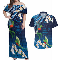 Guatemala Quetzal Bird Couples Matching Off Shoulder Maxi Dress and Hawaiian Shirt Libre Crezca Fecundo
