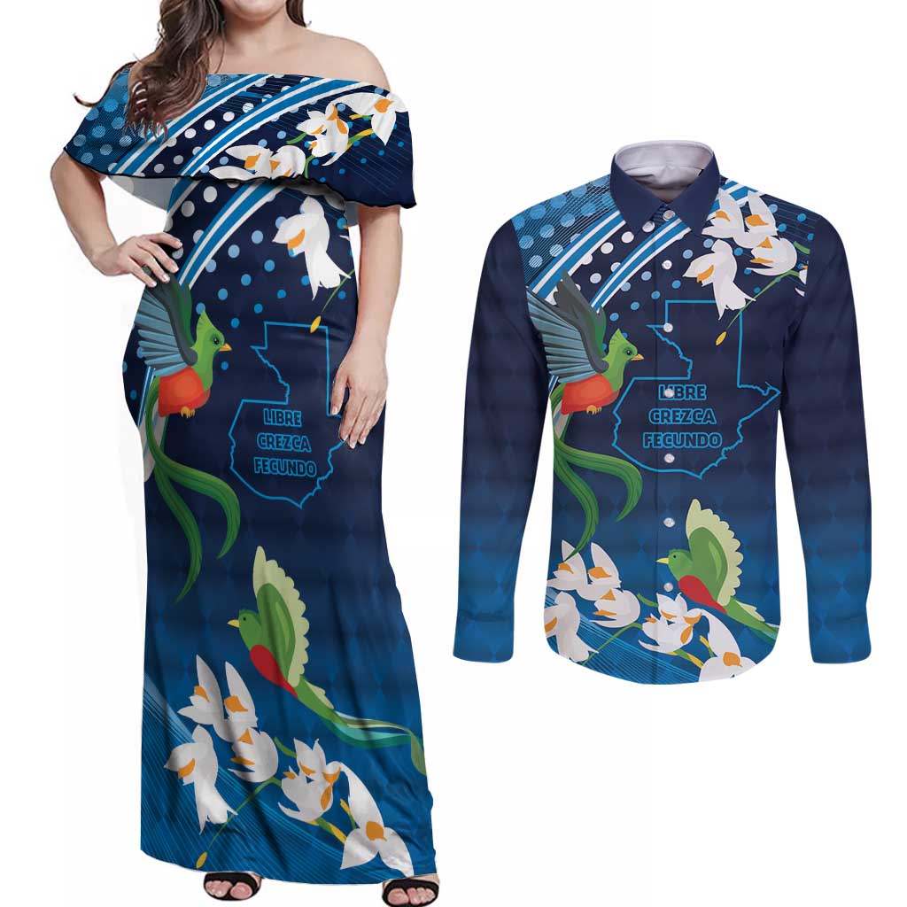 Guatemala Quetzal Bird Couples Matching Off Shoulder Maxi Dress and Long Sleeve Button Shirt Libre Crezca Fecundo