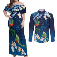 Guatemala Quetzal Bird Couples Matching Off Shoulder Maxi Dress and Long Sleeve Button Shirt Libre Crezca Fecundo