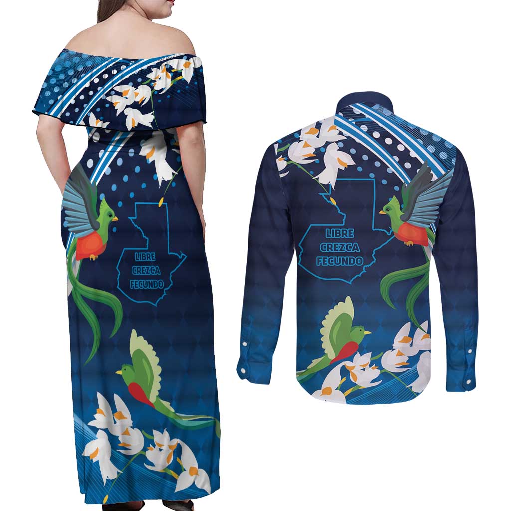 Guatemala Quetzal Bird Couples Matching Off Shoulder Maxi Dress and Long Sleeve Button Shirt Libre Crezca Fecundo