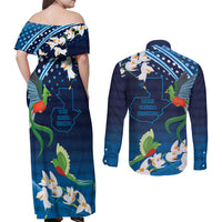 Guatemala Quetzal Bird Couples Matching Off Shoulder Maxi Dress and Long Sleeve Button Shirt Libre Crezca Fecundo