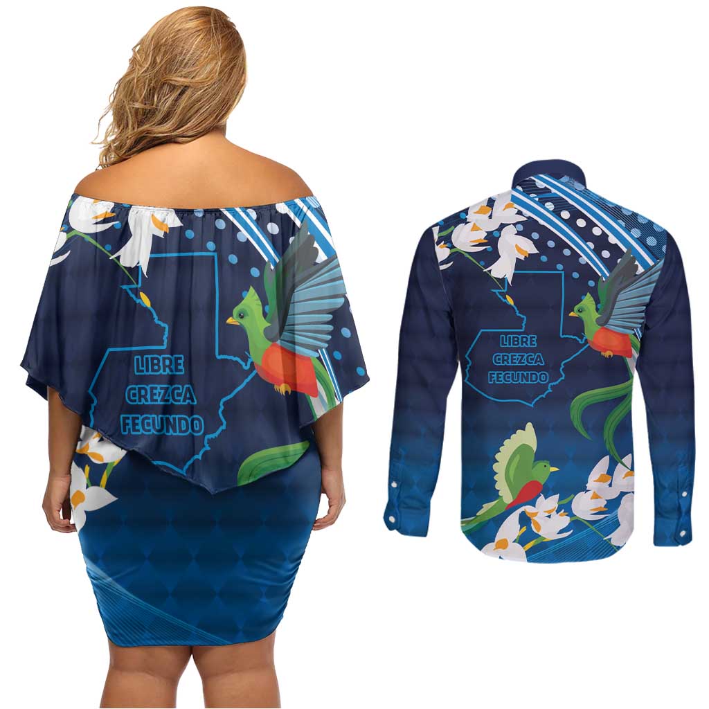 Guatemala Quetzal Bird Couples Matching Off Shoulder Short Dress and Long Sleeve Button Shirt Libre Crezca Fecundo