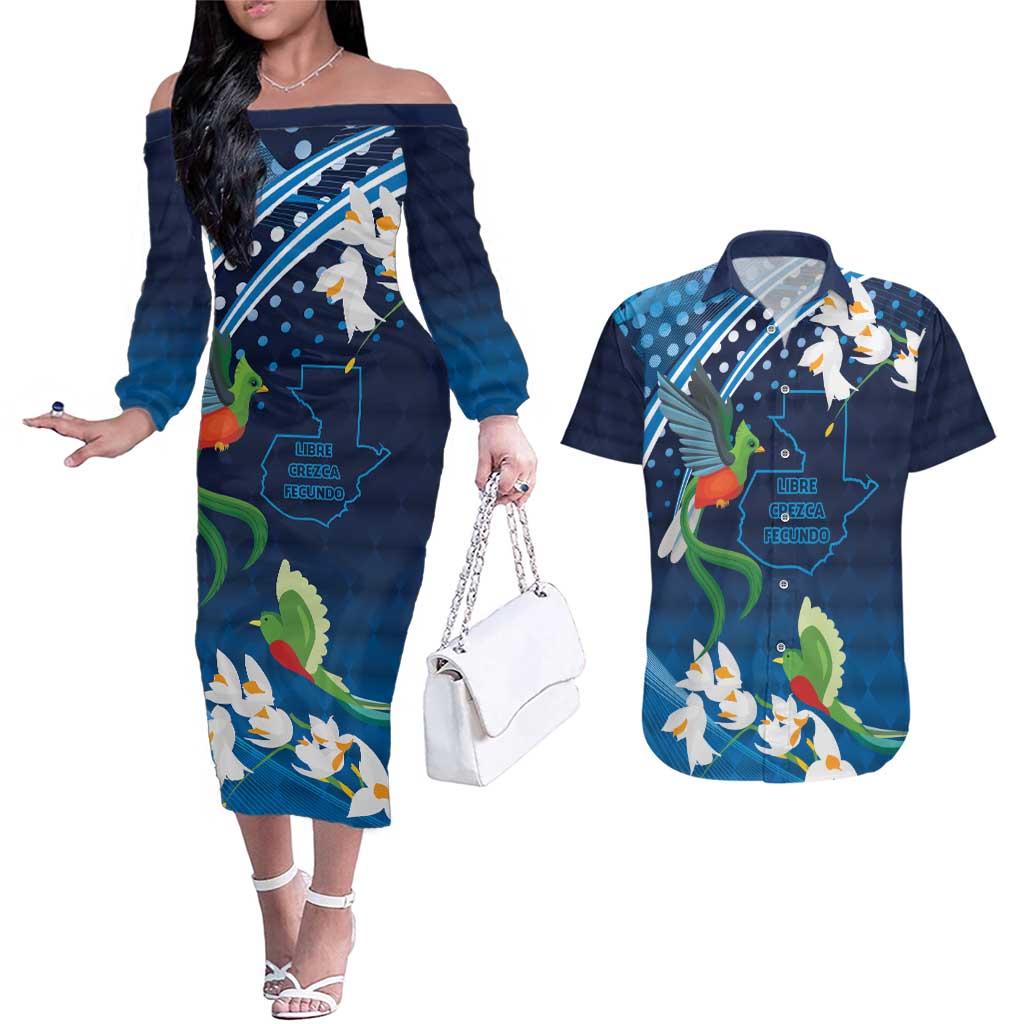 Guatemala Quetzal Bird Couples Matching Off The Shoulder Long Sleeve Dress and Hawaiian Shirt Libre Crezca Fecundo