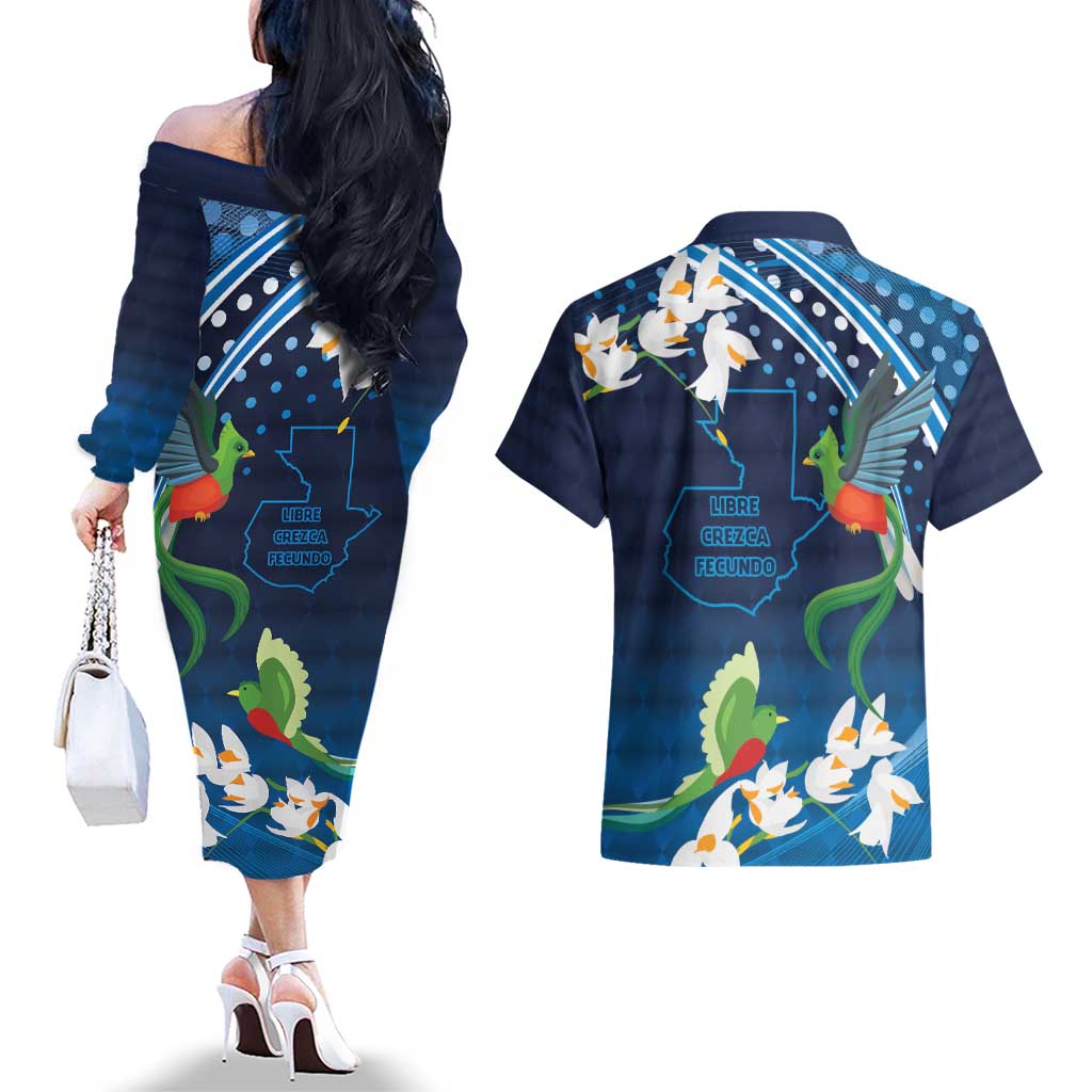 Guatemala Quetzal Bird Couples Matching Off The Shoulder Long Sleeve Dress and Hawaiian Shirt Libre Crezca Fecundo