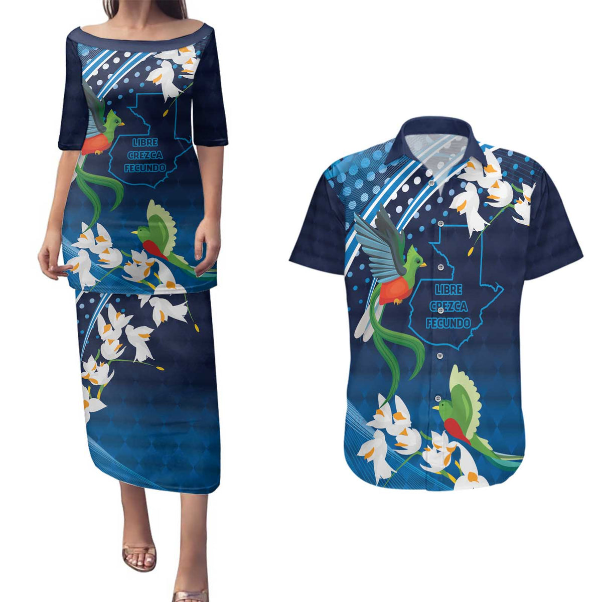 Guatemala Quetzal Bird Couples Matching Puletasi and Hawaiian Shirt Libre Crezca Fecundo