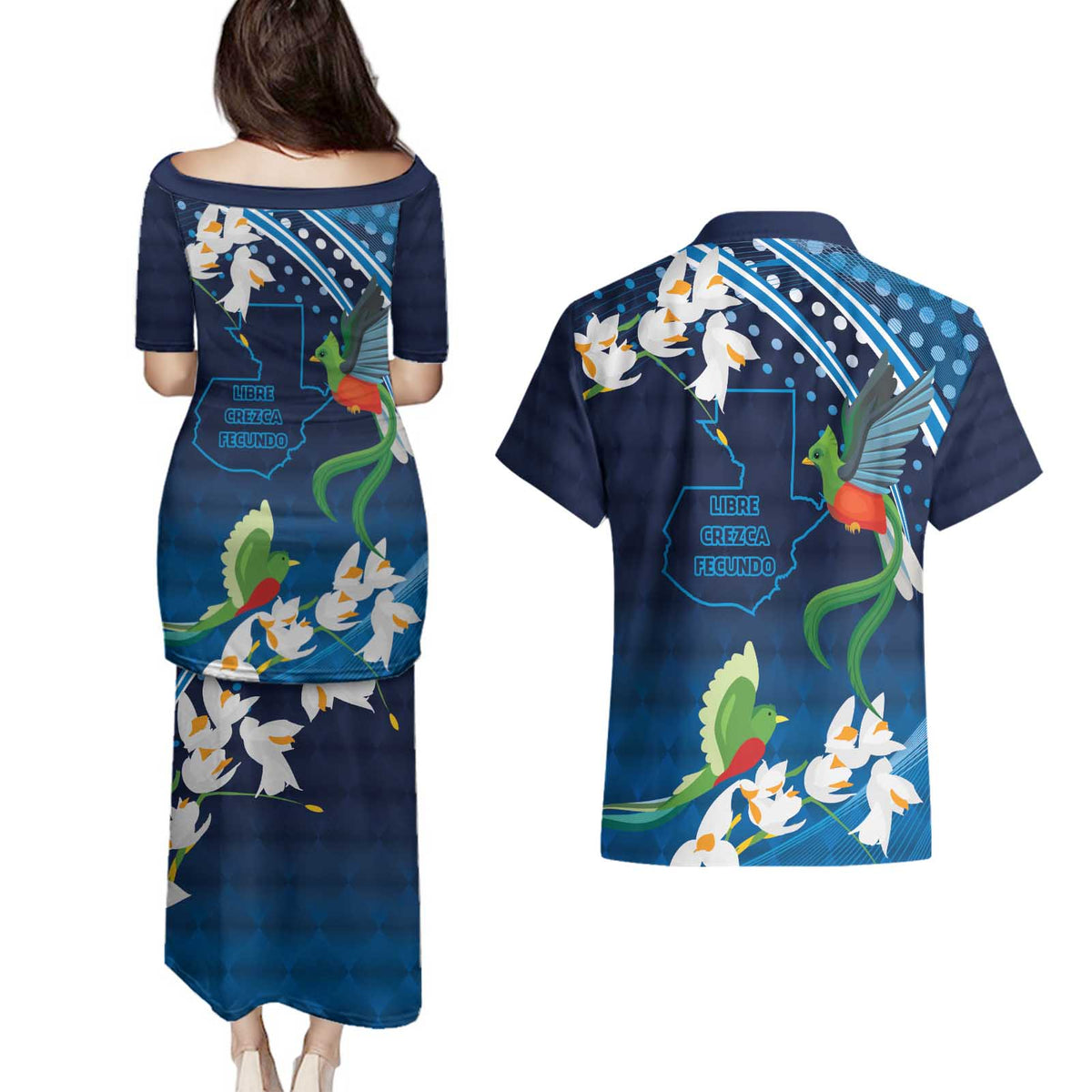 Guatemala Quetzal Bird Couples Matching Puletasi and Hawaiian Shirt Libre Crezca Fecundo
