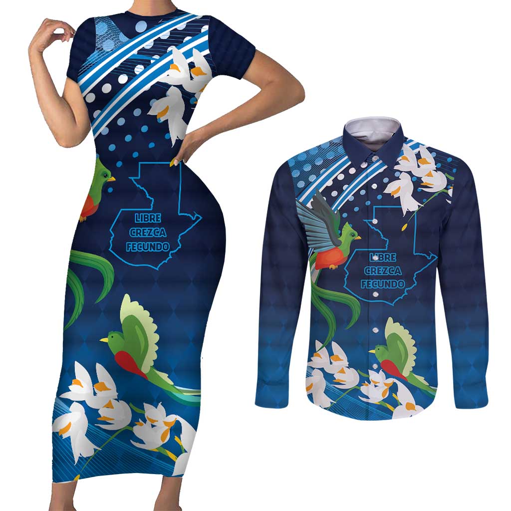 Guatemala Quetzal Bird Couples Matching Short Sleeve Bodycon Dress and Long Sleeve Button Shirt Libre Crezca Fecundo