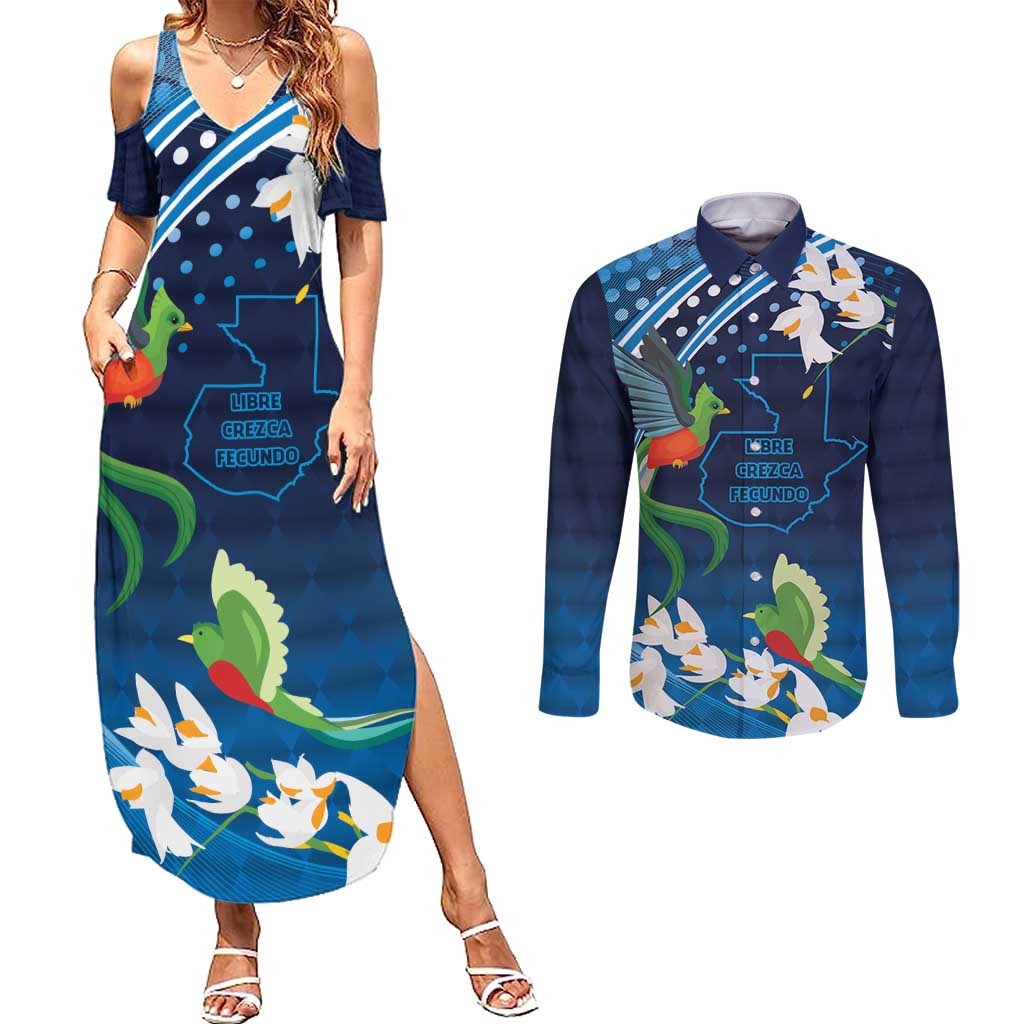 Guatemala Quetzal Bird Couples Matching Summer Maxi Dress and Long Sleeve Button Shirt Libre Crezca Fecundo