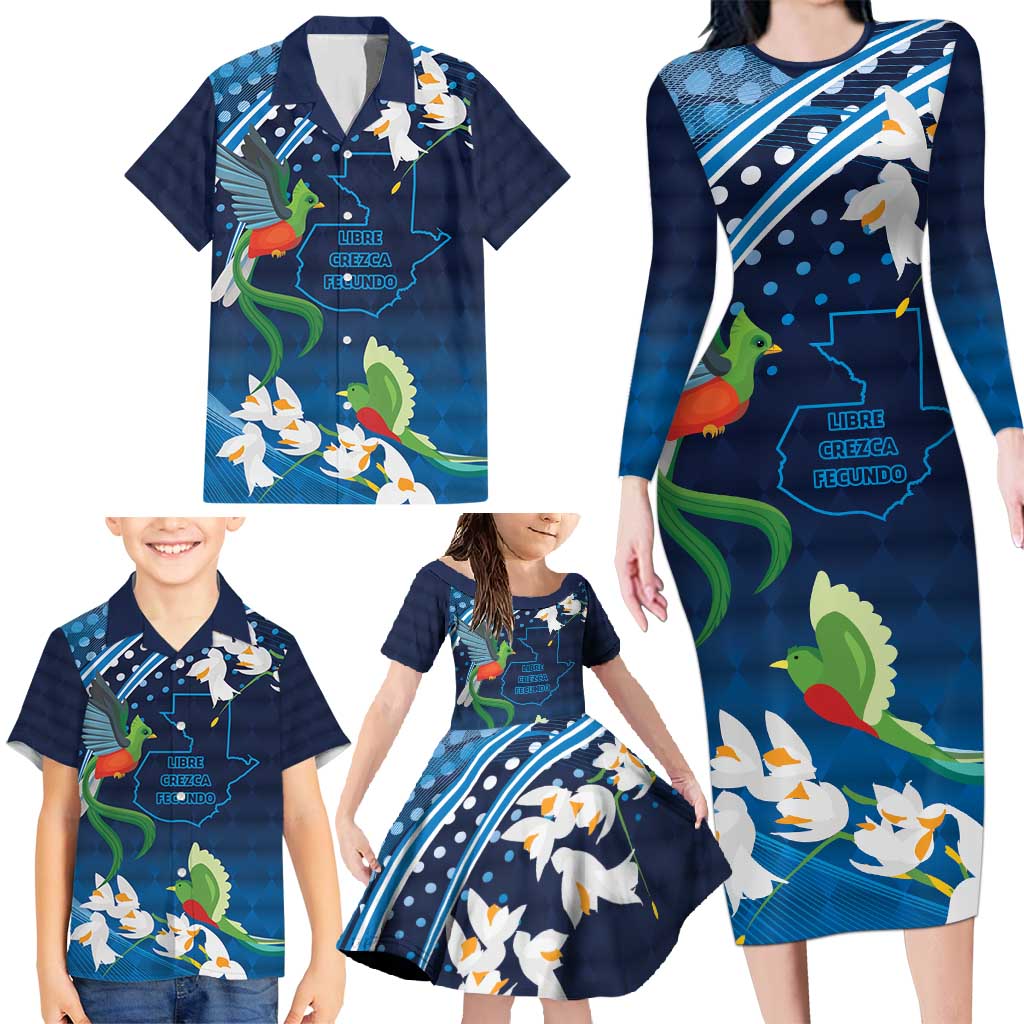Guatemala Quetzal Bird Family Matching Long Sleeve Bodycon Dress and Hawaiian Shirt Libre Crezca Fecundo