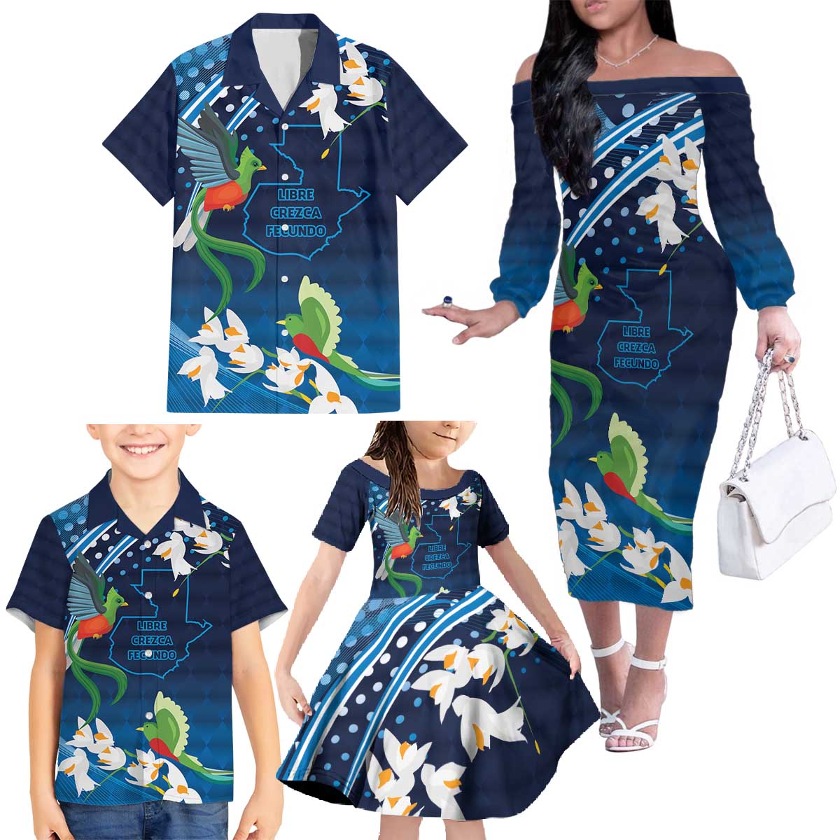 Guatemala Quetzal Bird Family Matching Off The Shoulder Long Sleeve Dress and Hawaiian Shirt Libre Crezca Fecundo