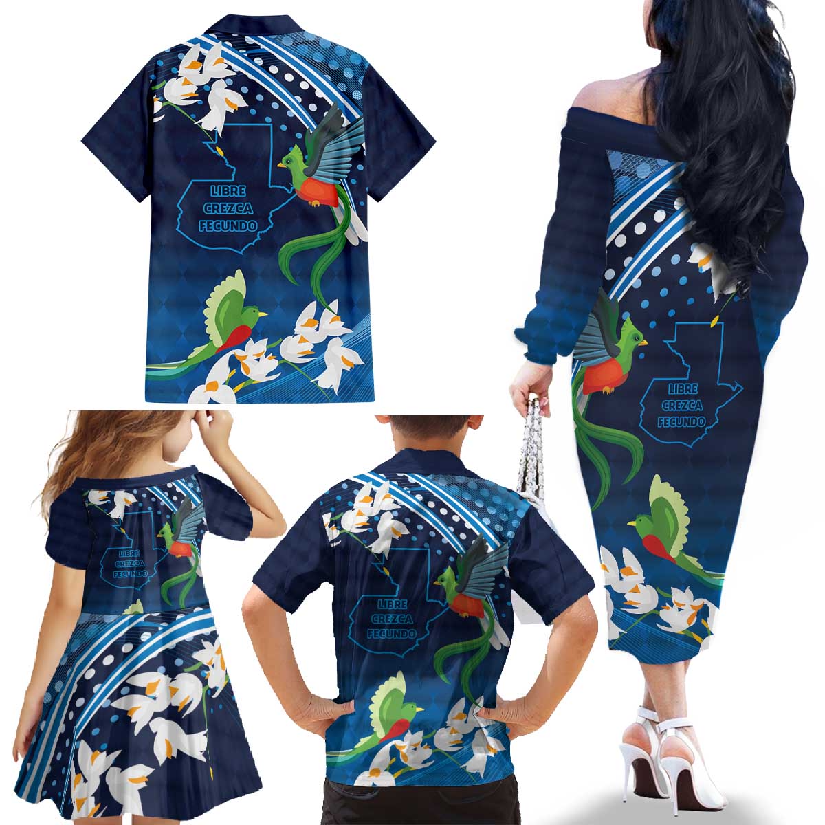Guatemala Quetzal Bird Family Matching Off The Shoulder Long Sleeve Dress and Hawaiian Shirt Libre Crezca Fecundo