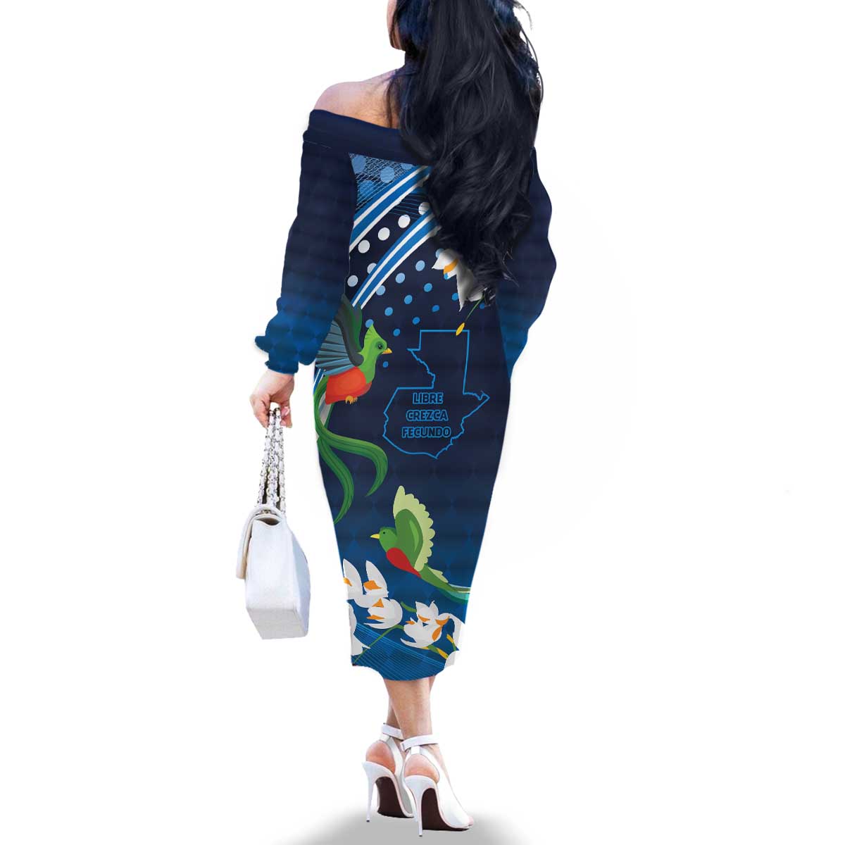 Guatemala Quetzal Bird Family Matching Off The Shoulder Long Sleeve Dress and Hawaiian Shirt Libre Crezca Fecundo