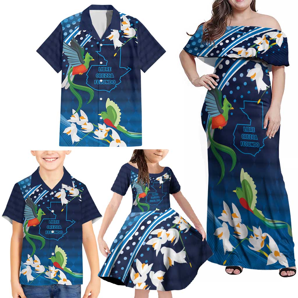 Guatemala Quetzal Bird Family Matching Off Shoulder Maxi Dress and Hawaiian Shirt Libre Crezca Fecundo