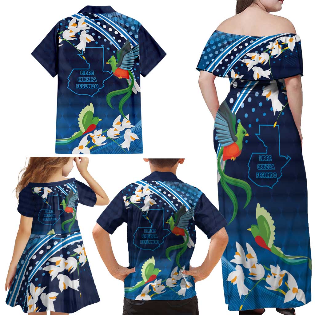 Guatemala Quetzal Bird Family Matching Off Shoulder Maxi Dress and Hawaiian Shirt Libre Crezca Fecundo