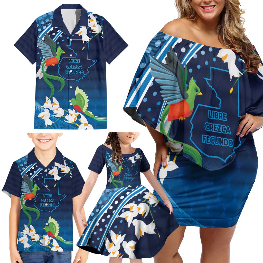 Guatemala Quetzal Bird Family Matching Off Shoulder Short Dress and Hawaiian Shirt Libre Crezca Fecundo