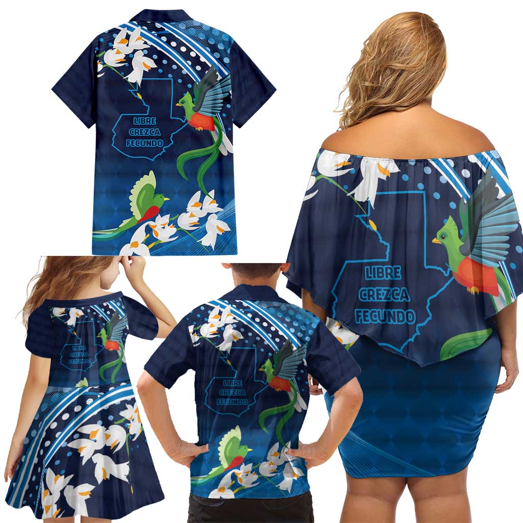 Guatemala Quetzal Bird Family Matching Off Shoulder Short Dress and Hawaiian Shirt Libre Crezca Fecundo
