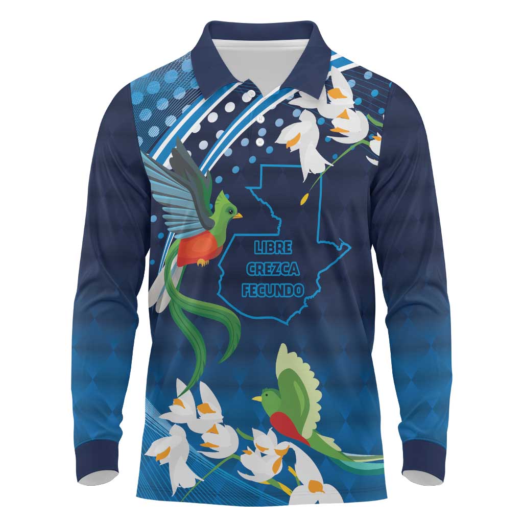 Guatemala Quetzal Bird Long Sleeve Polo Shirt Libre Crezca Fecundo