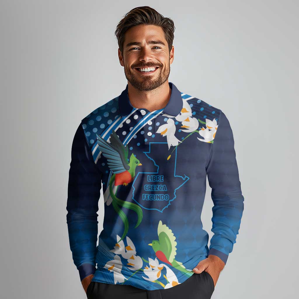 Guatemala Quetzal Bird Long Sleeve Polo Shirt Libre Crezca Fecundo