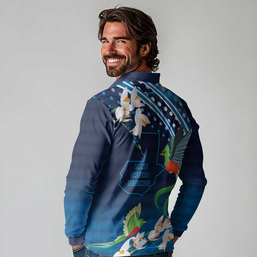 Guatemala Quetzal Bird Long Sleeve Polo Shirt Libre Crezca Fecundo