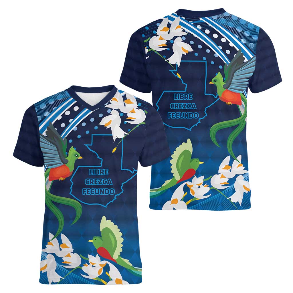 Guatemala Quetzal Bird Women V-Neck T-Shirt Libre Crezca Fecundo