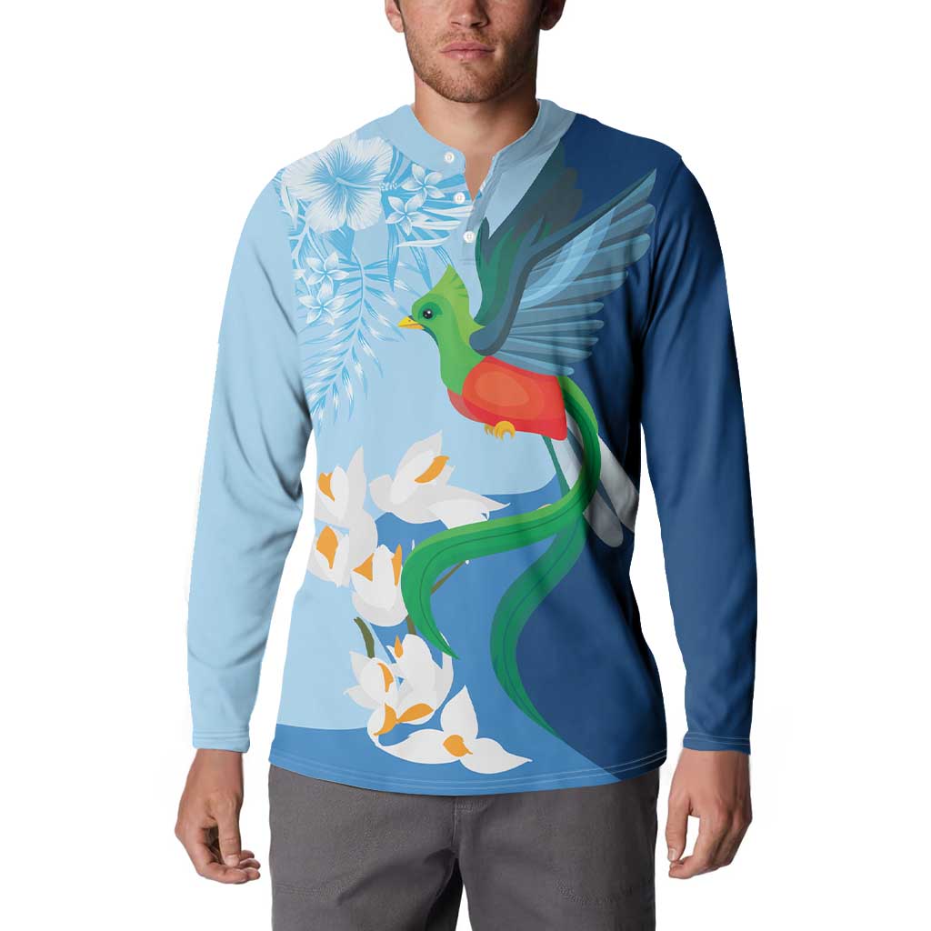 Guatemala Quetzal Bird Button Sweatshirt Monja Blanca Flowers