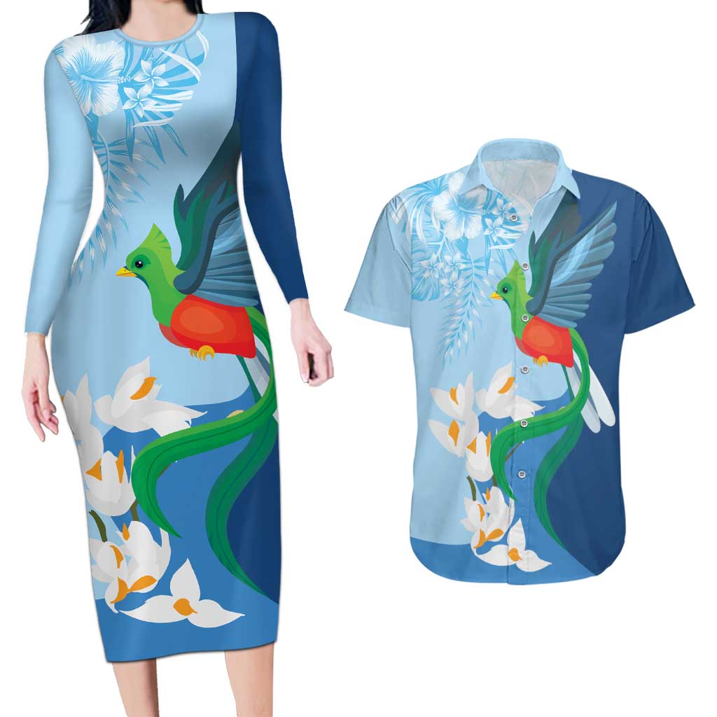 Guatemala Quetzal Bird Couples Matching Long Sleeve Bodycon Dress and Hawaiian Shirt Monja Blanca Flowers