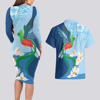 Guatemala Quetzal Bird Couples Matching Long Sleeve Bodycon Dress and Hawaiian Shirt Monja Blanca Flowers