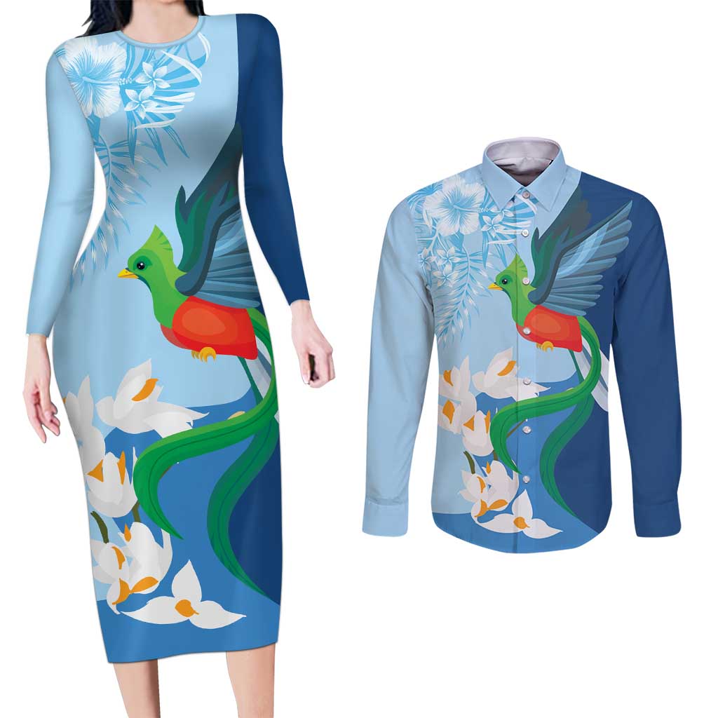 Guatemala Quetzal Bird Couples Matching Long Sleeve Bodycon Dress and Long Sleeve Button Shirt Monja Blanca Flowers