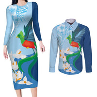 Guatemala Quetzal Bird Couples Matching Long Sleeve Bodycon Dress and Long Sleeve Button Shirt Monja Blanca Flowers