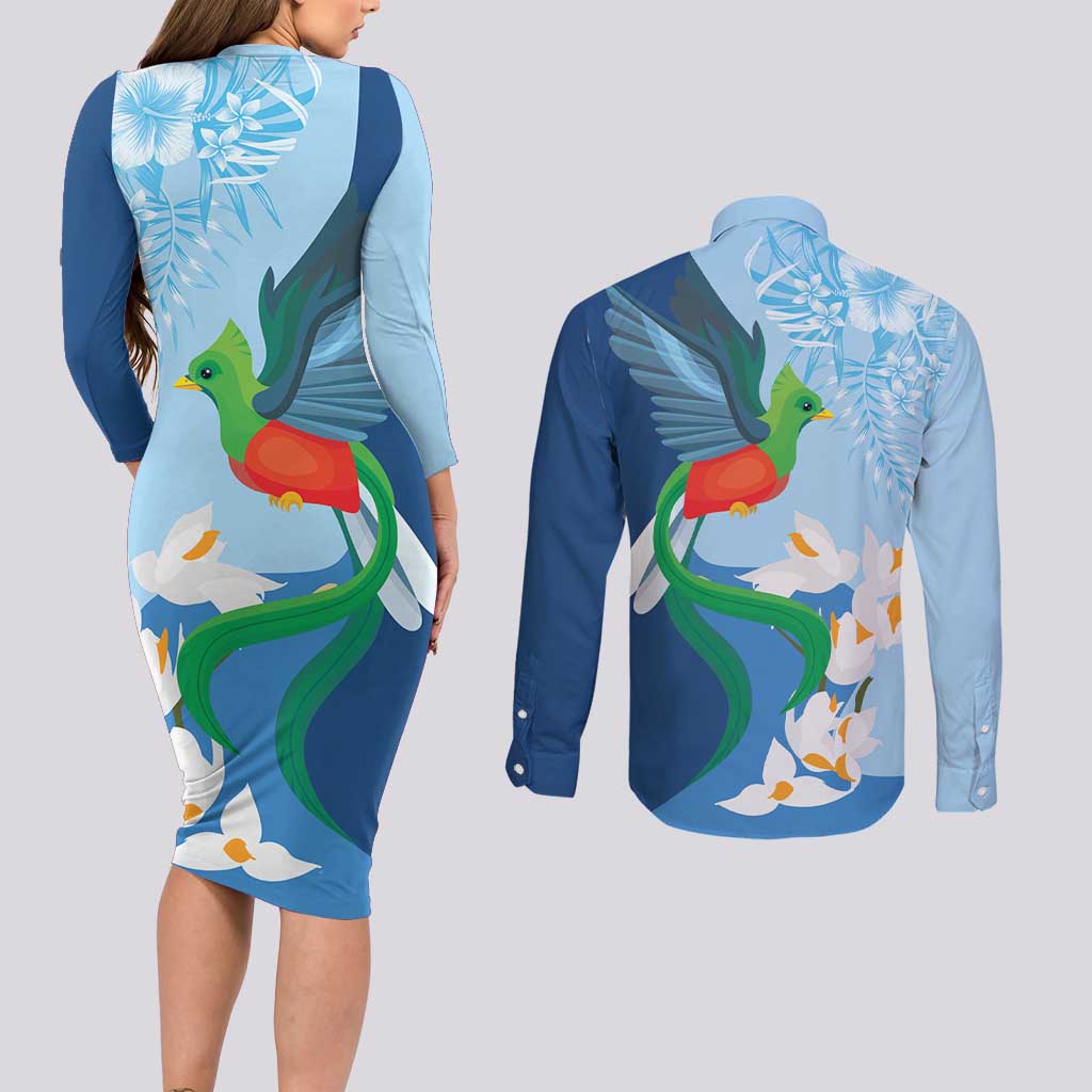 Guatemala Quetzal Bird Couples Matching Long Sleeve Bodycon Dress and Long Sleeve Button Shirt Monja Blanca Flowers