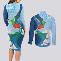 Guatemala Quetzal Bird Couples Matching Long Sleeve Bodycon Dress and Long Sleeve Button Shirt Monja Blanca Flowers