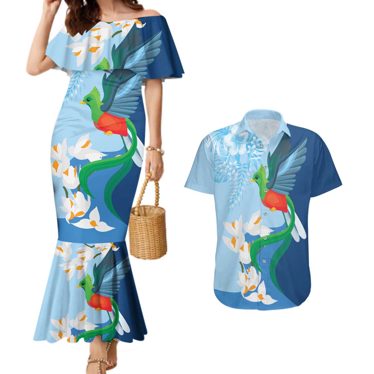 Guatemala Quetzal Bird Couples Matching Mermaid Dress and Hawaiian Shirt Monja Blanca Flowers