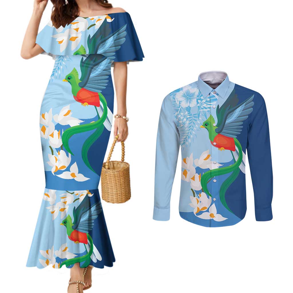Guatemala Quetzal Bird Couples Matching Mermaid Dress and Long Sleeve Button Shirt Monja Blanca Flowers