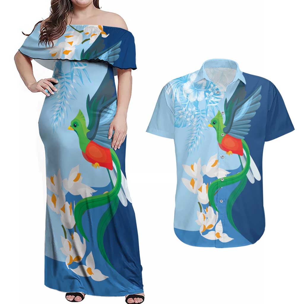 Guatemala Quetzal Bird Couples Matching Off Shoulder Maxi Dress and Hawaiian Shirt Monja Blanca Flowers