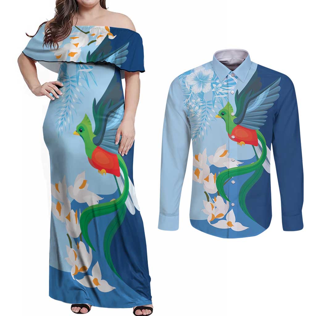 Guatemala Quetzal Bird Couples Matching Off Shoulder Maxi Dress and Long Sleeve Button Shirt Monja Blanca Flowers