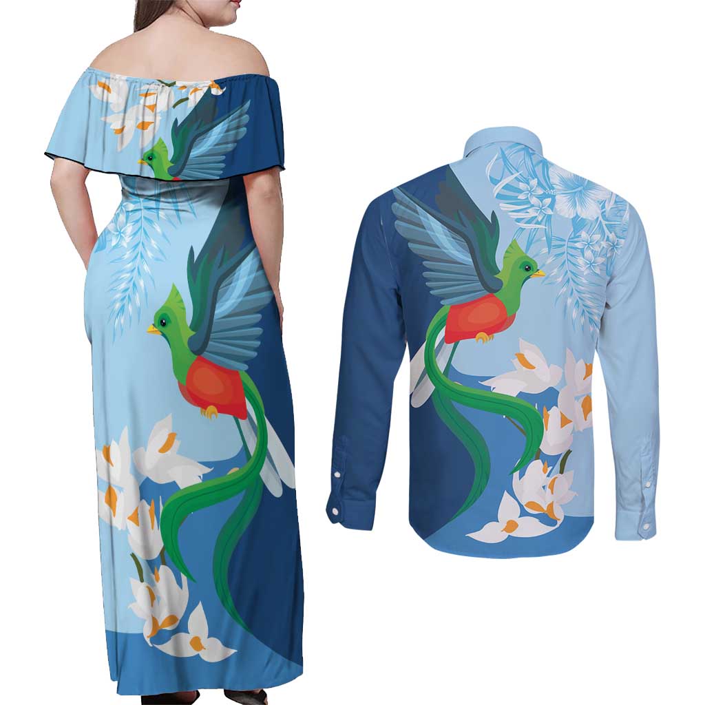 Guatemala Quetzal Bird Couples Matching Off Shoulder Maxi Dress and Long Sleeve Button Shirt Monja Blanca Flowers