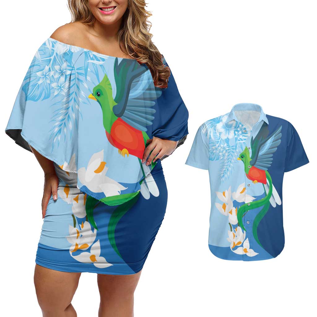 Guatemala Quetzal Bird Couples Matching Off Shoulder Short Dress and Hawaiian Shirt Monja Blanca Flowers