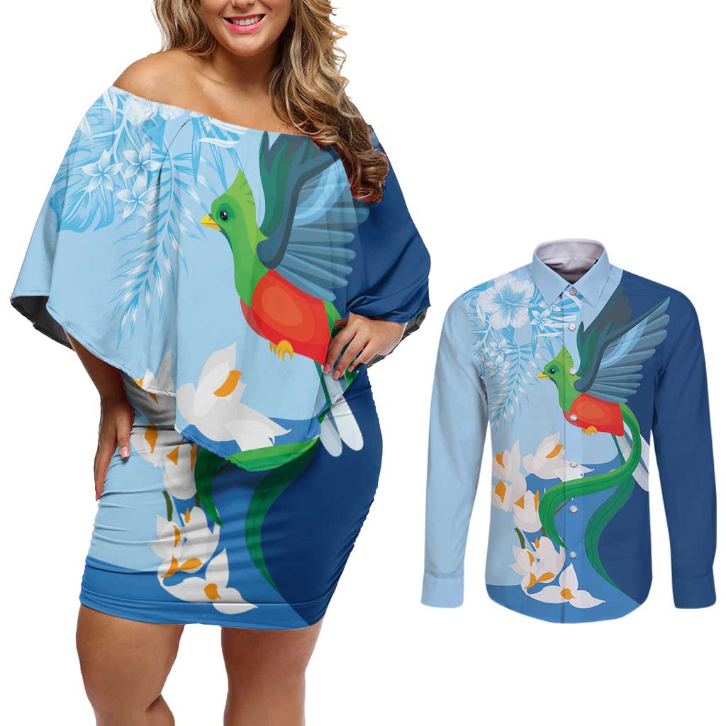 Guatemala Quetzal Bird Couples Matching Off Shoulder Short Dress and Long Sleeve Button Shirt Monja Blanca Flowers