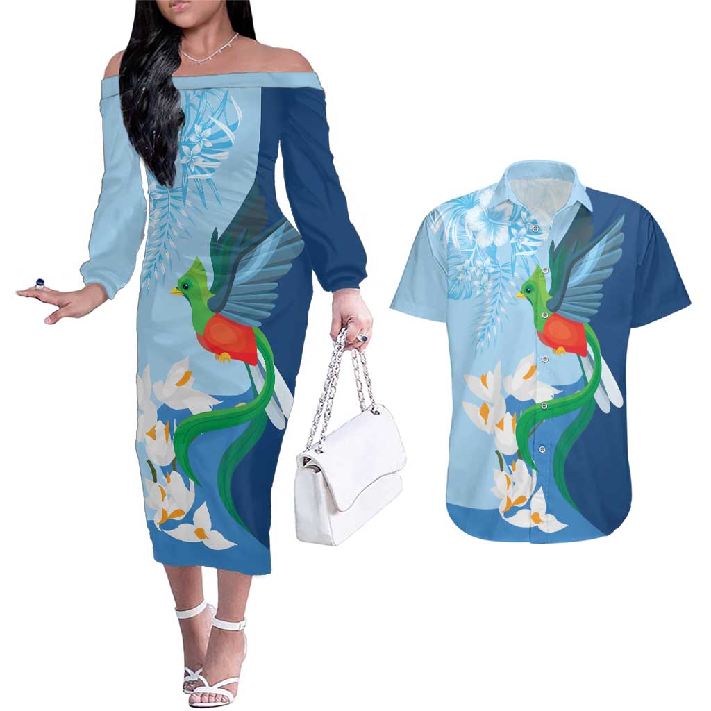 Guatemala Quetzal Bird Couples Matching Off The Shoulder Long Sleeve Dress and Hawaiian Shirt Monja Blanca Flowers